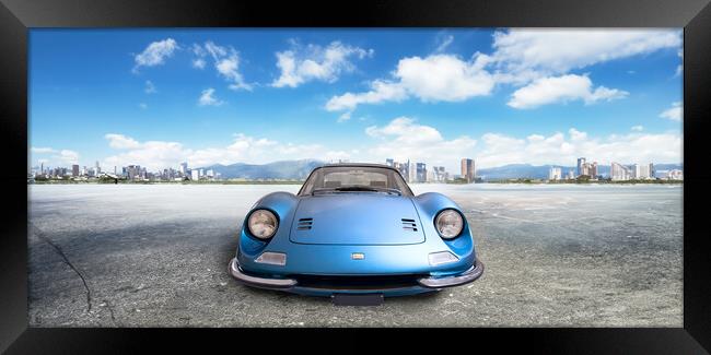 Blue Ferrari Dino, front view parked in a large square Framed Print by Guido Parmiggiani