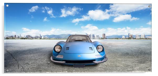 Blue Ferrari Dino, front view parked in a large square Acrylic by Guido Parmiggiani