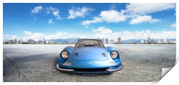Blue Ferrari Dino, front view parked in a large square Print by Guido Parmiggiani