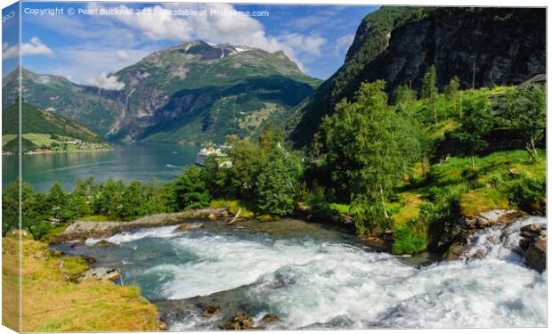 Geiranger Fjord and Waterfall Norway Canvas Print by Pearl Bucknall