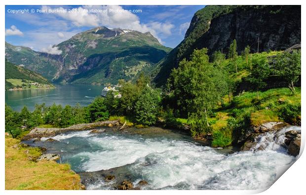 Geiranger Fjord and Waterfall Norway Print by Pearl Bucknall