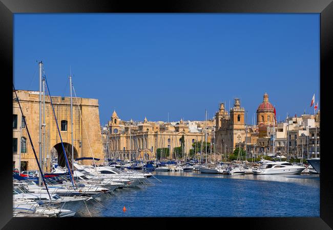 Birgu Skyline And Vittoriosa Yacht Marina In Malta Framed Print by Artur Bogacki