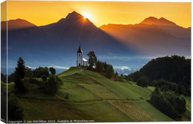 Sunrise at Jamnik church of Saints Primus and Felician Canvas Print by Ian Middleton