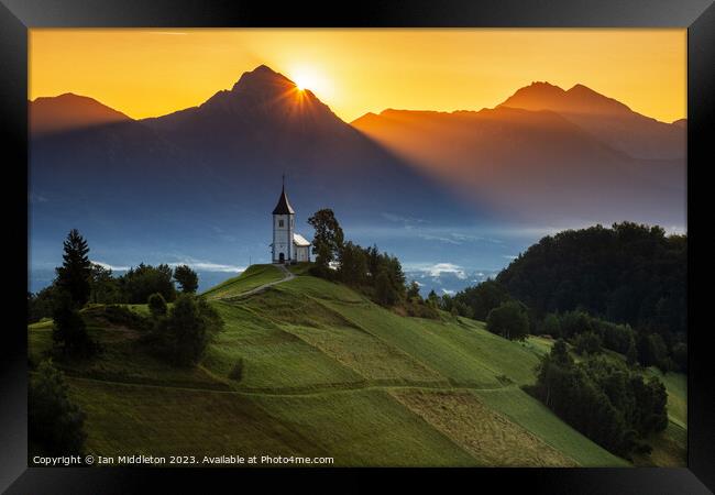 Sunrise at Jamnik church of Saints Primus and Felician Framed Print by Ian Middleton
