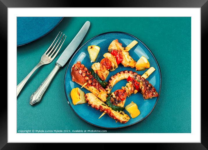 Seafood kebabs, octopus on skewers. Framed Mounted Print by Mykola Lunov Mykola