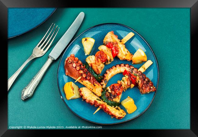 Seafood kebabs, octopus on skewers. Framed Print by Mykola Lunov Mykola
