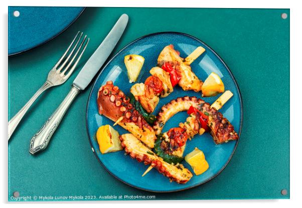 Seafood kebabs, octopus on skewers. Acrylic by Mykola Lunov Mykola