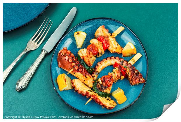 Seafood kebabs, octopus on skewers. Print by Mykola Lunov Mykola