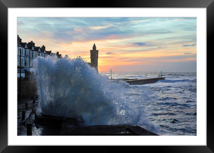 "Nature's Fury Unleashed at Porthleven Harbour" Framed Mounted Print by kathy white