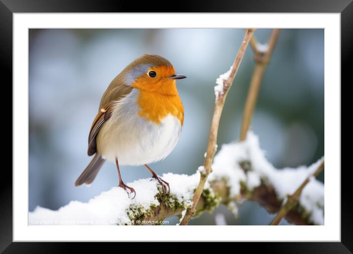 Robin in Snow Framed Mounted Print by Robert Deering