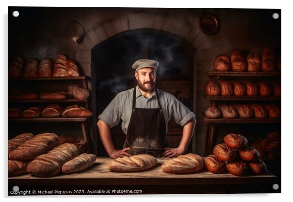 A baker baking bread in a bakery created with generative AI tech Acrylic by Michael Piepgras