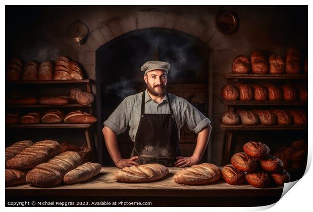 A baker baking bread in a bakery created with generative AI tech Print by Michael Piepgras