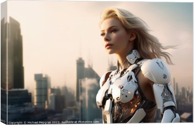 A beautiful female cyborg in front of a futuristic city created  Canvas Print by Michael Piepgras