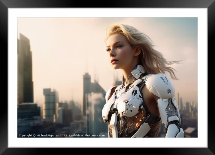A beautiful female cyborg in front of a futuristic city created  Framed Mounted Print by Michael Piepgras