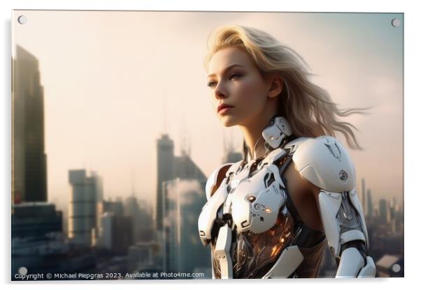 A beautiful female cyborg in front of a futuristic city created  Acrylic by Michael Piepgras