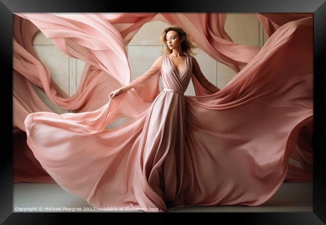 A beautiful woman in an impossible silk dress created with gener Framed Print by Michael Piepgras