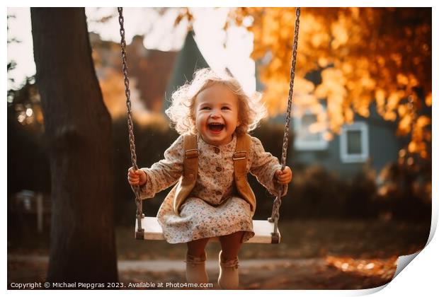 A cheerful and happy smiling child on a swing created with gener Print by Michael Piepgras