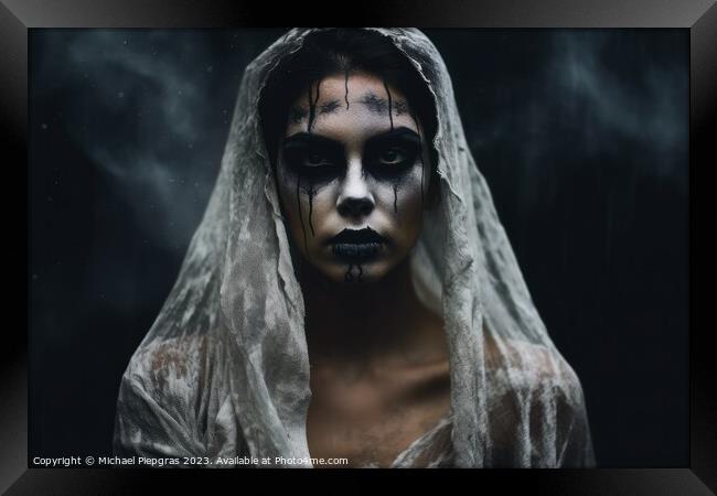A creepy woman with a dark spooky make up created with generativ Framed Print by Michael Piepgras