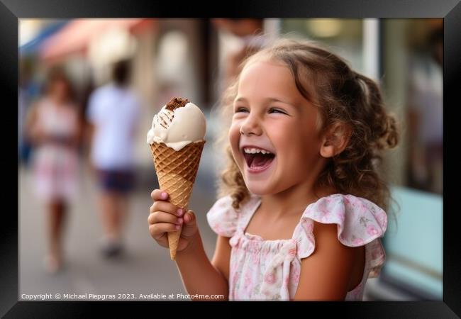 A happy child with ice cream created with generative AI technolo Framed Print by Michael Piepgras
