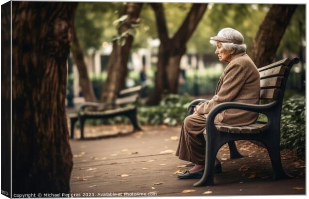 A lonely retired woman on a bench created with generative AI tec Canvas Print by Michael Piepgras