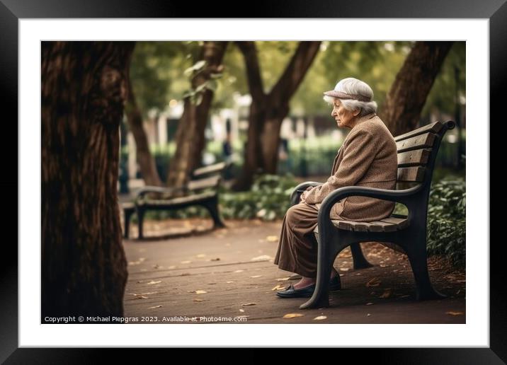 A lonely retired woman on a bench created with generative AI tec Framed Mounted Print by Michael Piepgras