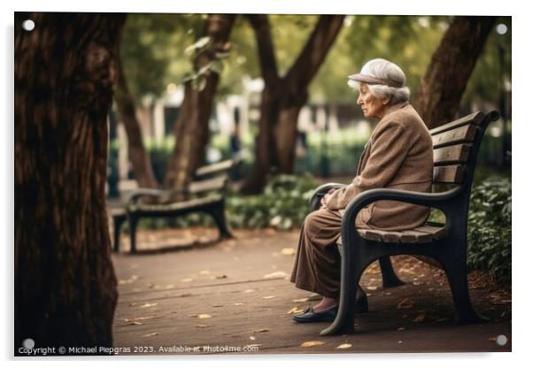 A lonely retired woman on a bench created with generative AI tec Acrylic by Michael Piepgras