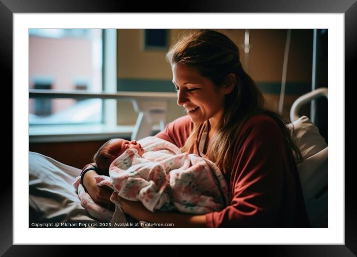 A mother holds her just born baby in her arms in a hospital bed  Framed Mounted Print by Michael Piepgras