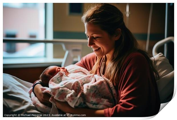A mother holds her just born baby in her arms in a hospital bed  Print by Michael Piepgras