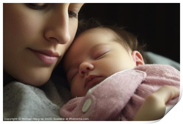 A sleeping baby and her mother created with generative AI techno Print by Michael Piepgras