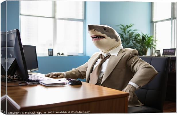 A white shark sitting in an office wearing a business suit creat Canvas Print by Michael Piepgras