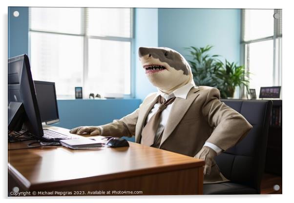 A white shark sitting in an office wearing a business suit creat Acrylic by Michael Piepgras