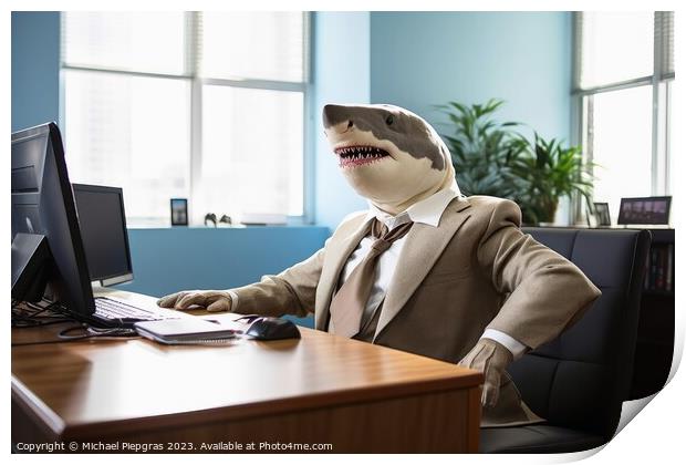 A white shark sitting in an office wearing a business suit creat Print by Michael Piepgras
