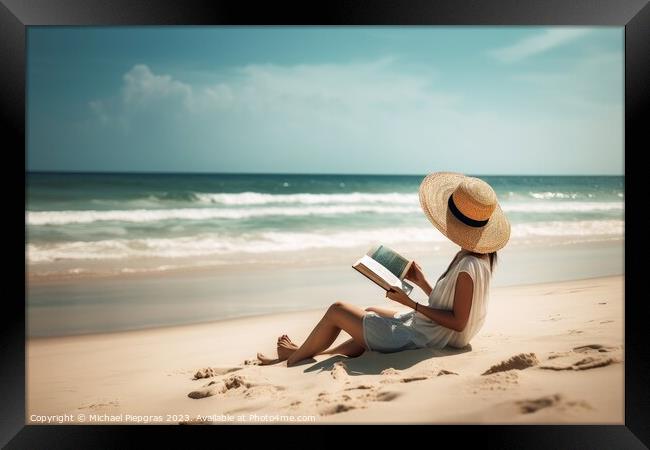 A woman at a tropical beach relaxing while reading a book create Framed Print by Michael Piepgras