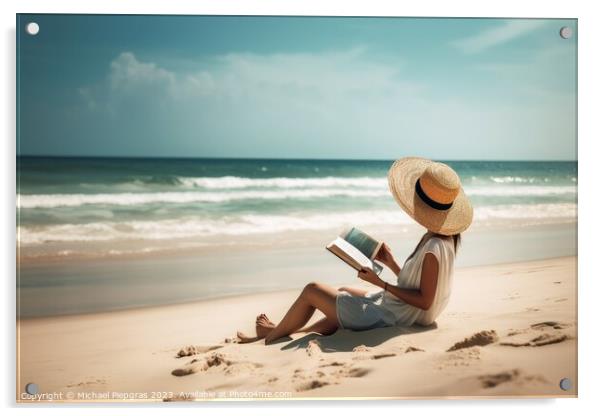 A woman at a tropical beach relaxing while reading a book create Acrylic by Michael Piepgras