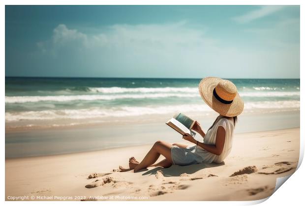 A woman at a tropical beach relaxing while reading a book create Print by Michael Piepgras
