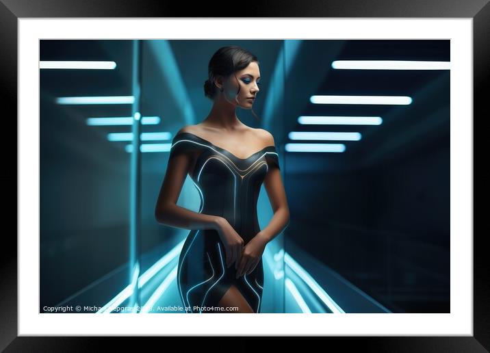A woman in a futuristic elegant dress created with generative AI Framed Mounted Print by Michael Piepgras