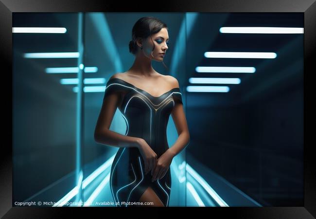 A woman in a futuristic elegant dress created with generative AI Framed Print by Michael Piepgras