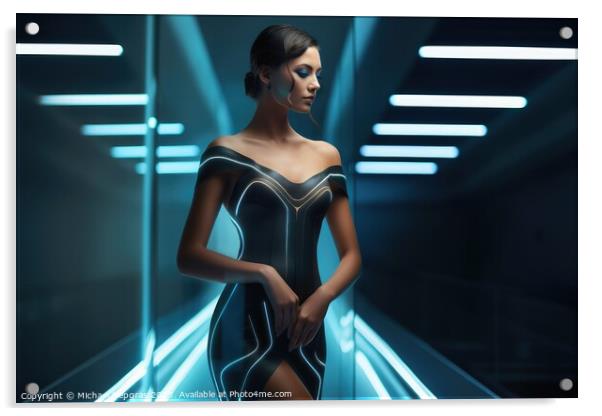 A woman in a futuristic elegant dress created with generative AI Acrylic by Michael Piepgras