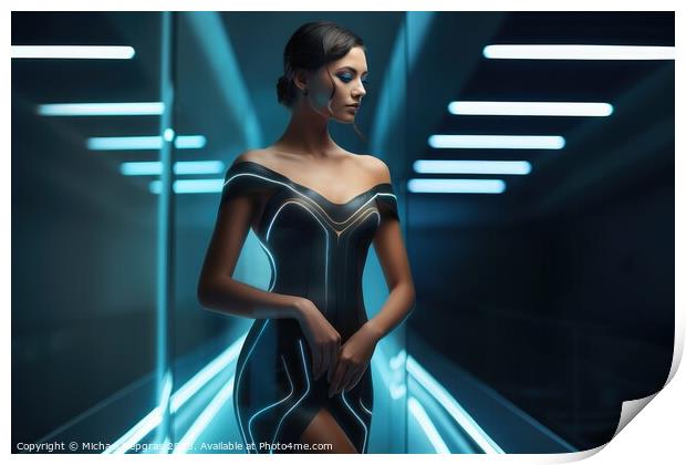 A woman in a futuristic elegant dress created with generative AI Print by Michael Piepgras