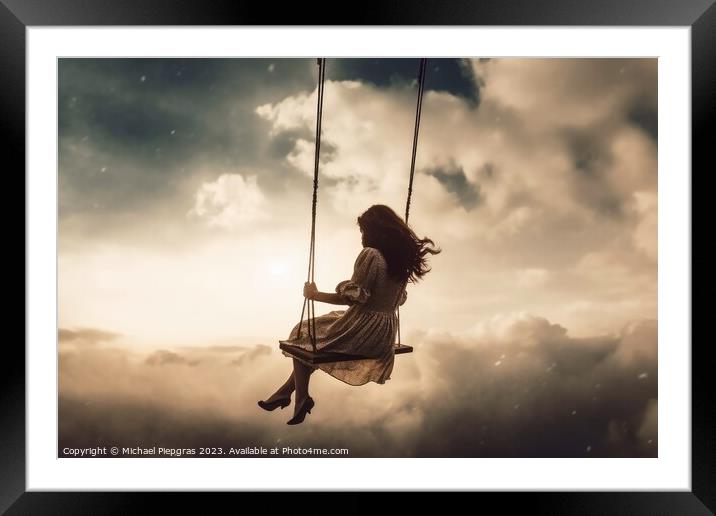 A woman on a swing that swings in the sky created with generativ Framed Mounted Print by Michael Piepgras