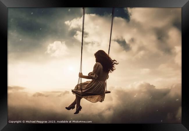 A woman on a swing that swings in the sky created with generativ Framed Print by Michael Piepgras