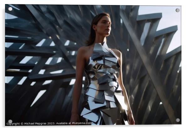 A woman wearing an elegant dress made of steel created with gene Acrylic by Michael Piepgras