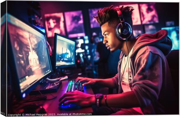 A young person sits at a gaming PC and plays a game created with Canvas Print by Michael Piepgras
