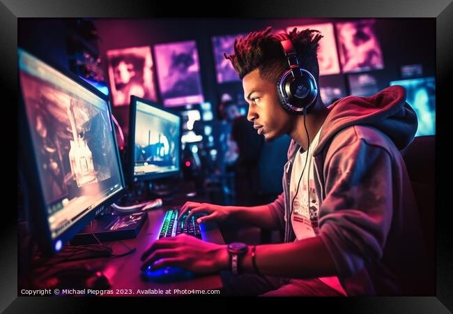 A young person sits at a gaming PC and plays a game created with Framed Print by Michael Piepgras