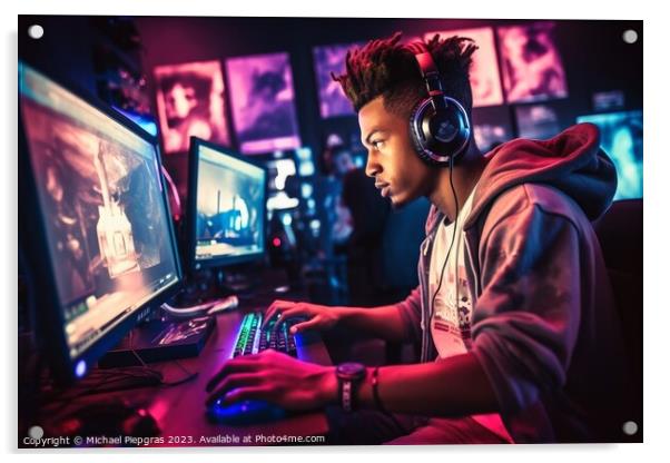 A young person sits at a gaming PC and plays a game created with Acrylic by Michael Piepgras