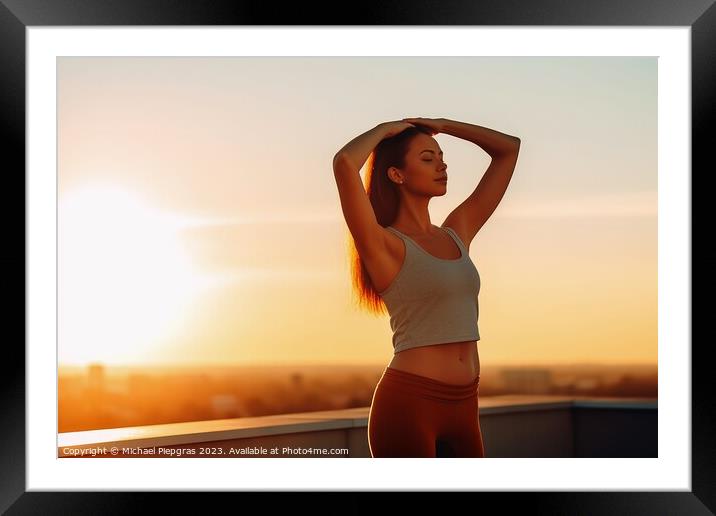 A young woman does yoga in the sun in the morning created with g Framed Mounted Print by Michael Piepgras