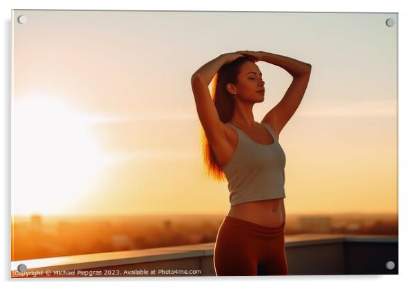 A young woman does yoga in the sun in the morning created with g Acrylic by Michael Piepgras