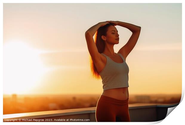 A young woman does yoga in the sun in the morning created with g Print by Michael Piepgras