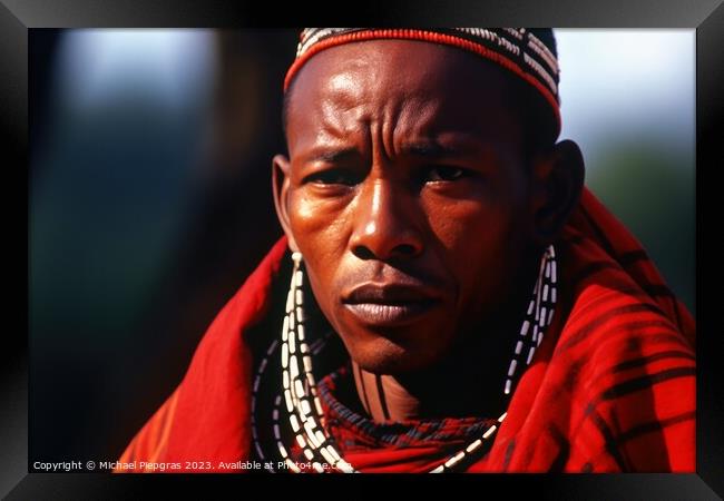 An african Masai in traditional robes created with generative AI Framed Print by Michael Piepgras