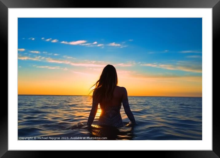 An attractive Woman at a beach during sunset created with genera Framed Mounted Print by Michael Piepgras